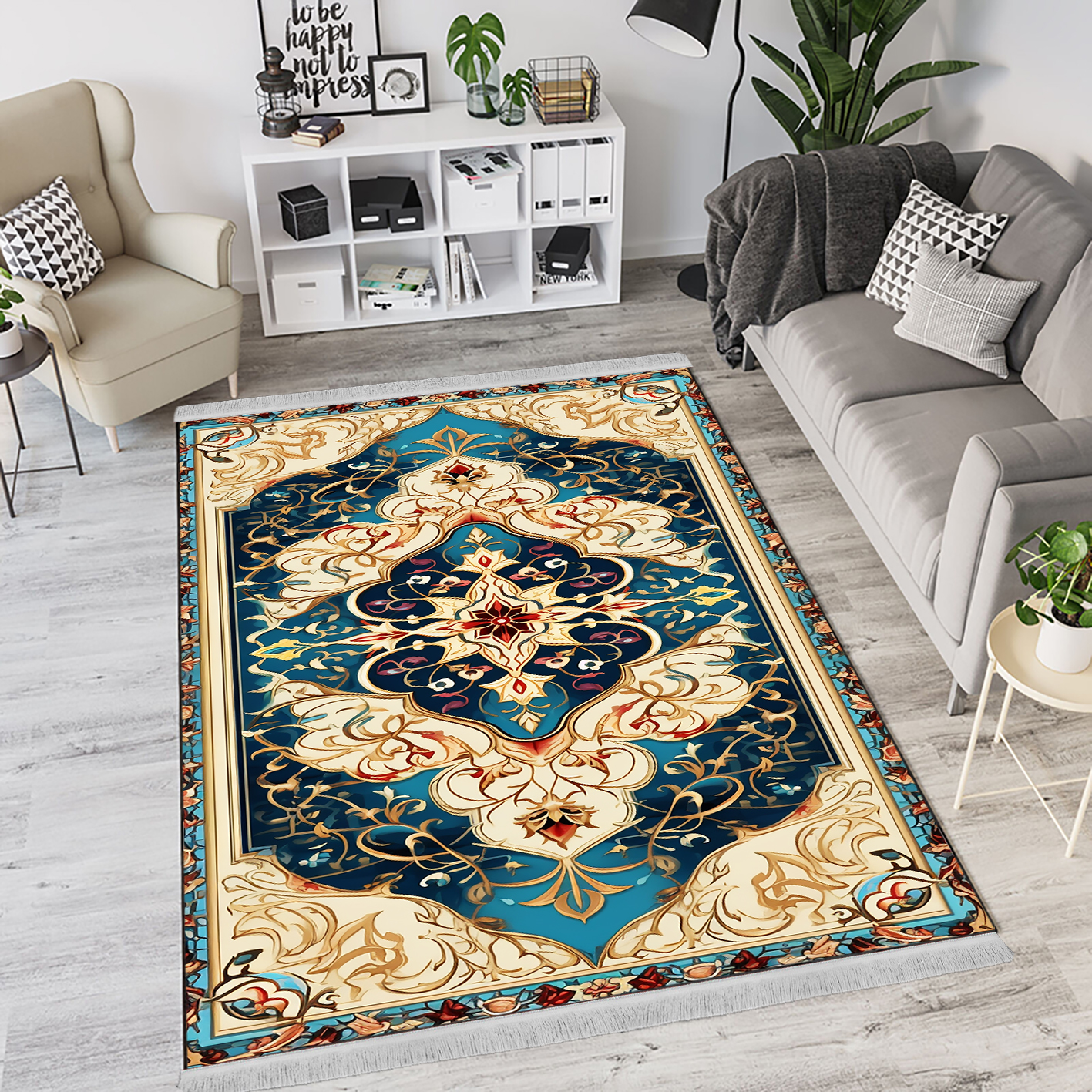 فرش چاپی طرح لچک کرمی زمینه آبی
