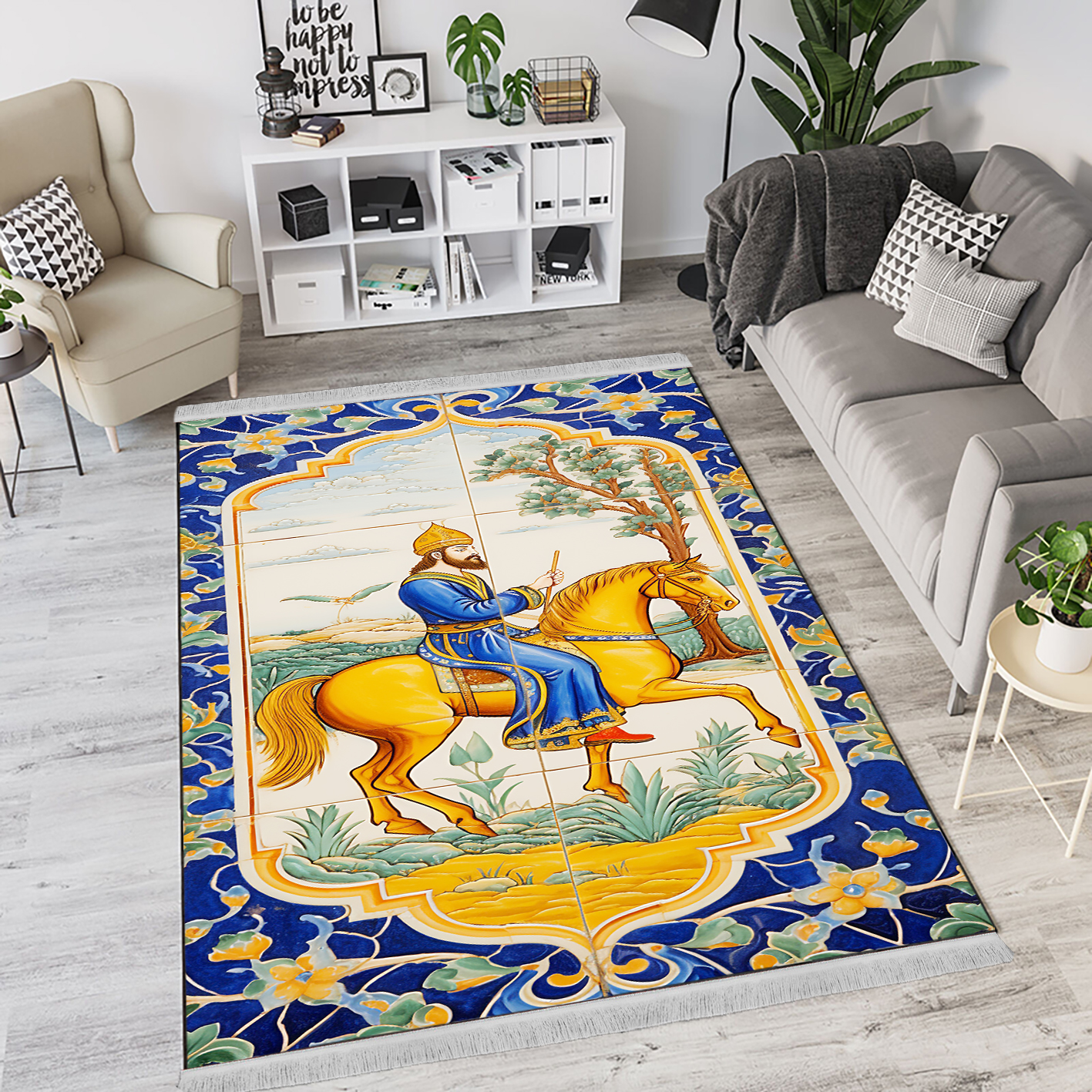 فرش چاپی کاشی کاری سنتی طرح سوار کار