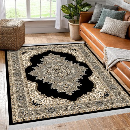 فرشینه چاپی سنتی طرح لچک ترنج زمینه مشکی