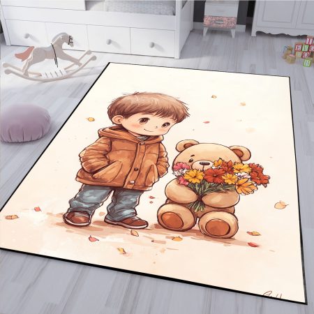 فرشینه اتاق کودک طرح پسر بچه و عروسک خرس با زمینه وشن