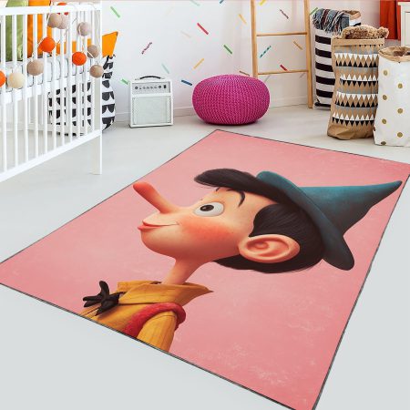 فرشینه طرح سه بعدی پینوکیو ب زمینه صورتی روشن