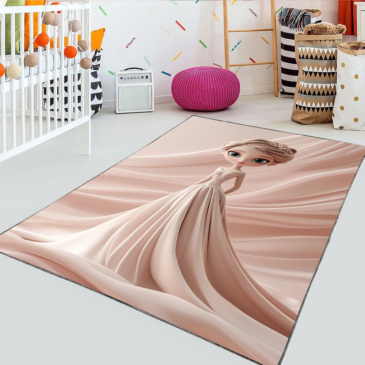 فرش چاپی دخترانه طرح عروسکی ساده