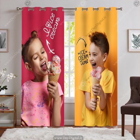 پرده چاپی بستنی فروشی طرح کودکان با بستنی قیفی و زمینه زد و صورتی