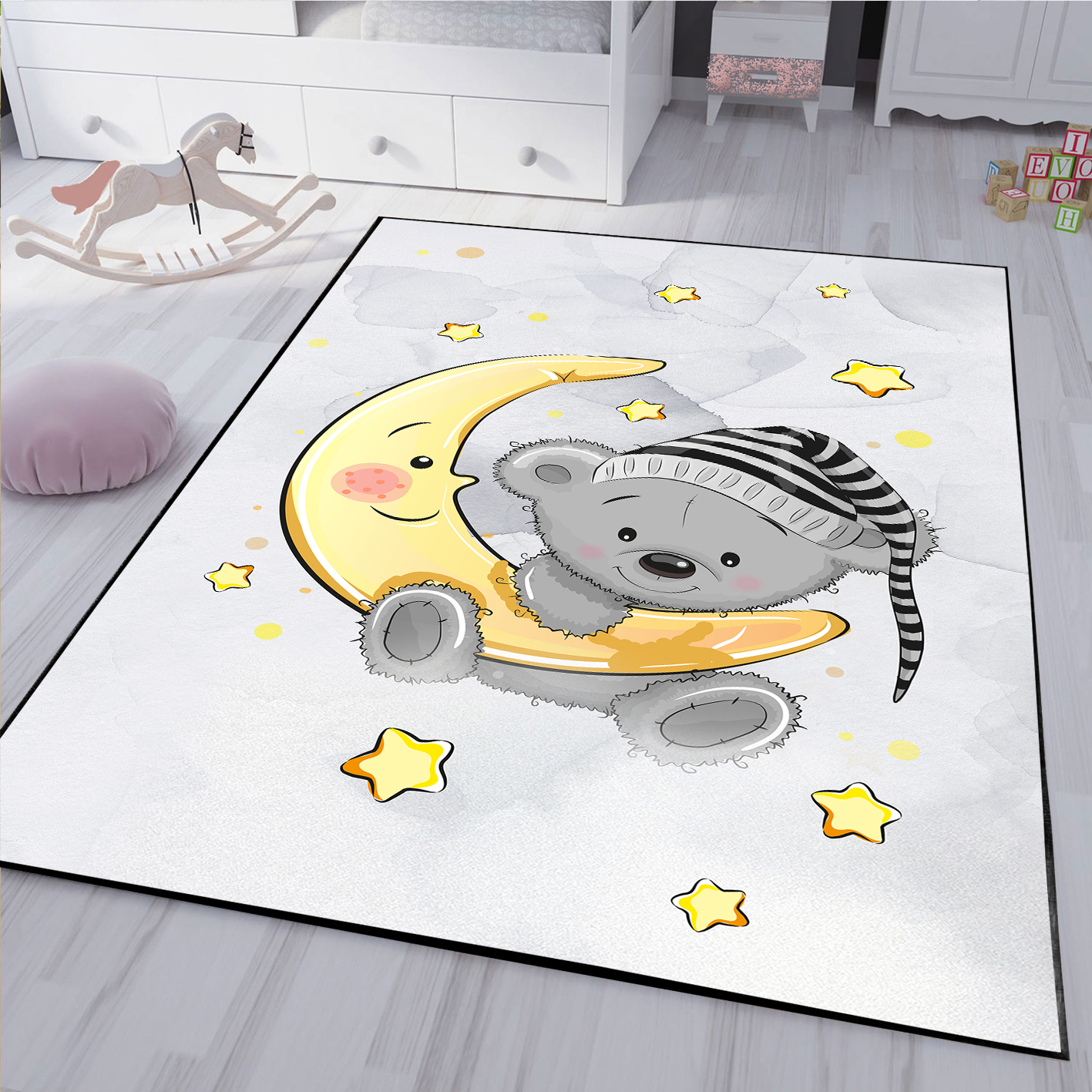 فرشینه طرح خرس و ماه با زمینه طوسی روشن و ستاره های زرد