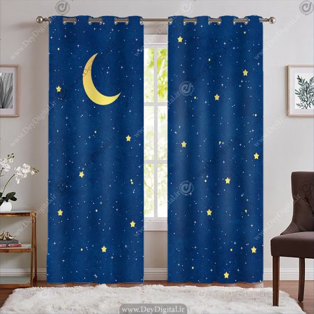 پرده چاپی طرح هلال ماه و آسمان شب پر ستاره