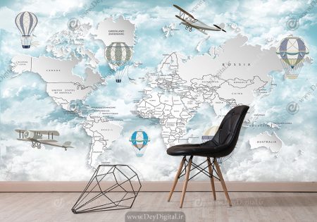 پوستر دیواری اتاق کودک پسر طرح نقشه جهان با بالن وهواپیما