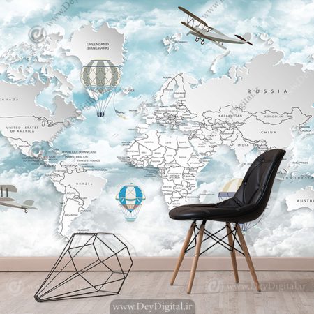 پوستر دیواری اتاق کودک پسر طرح نقشه جهان با بالن وهواپیما