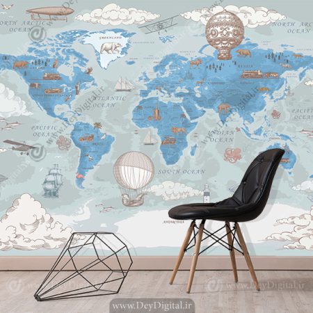پوستر دیواری طرح نقاشی قاره های جهان به رنگ آبی