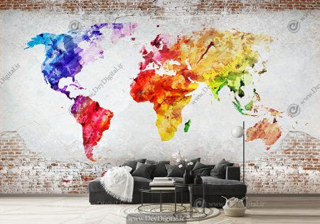 پوستر دیواری طرح نقشه رنگی قاره ها با زمینه آجری