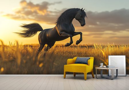 پوستر دیواری طرح اسب سیاه در مزرعه گندم