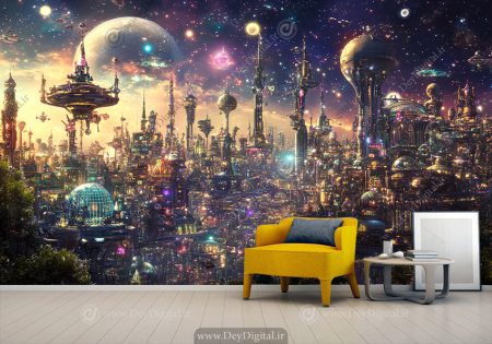 پوستر دیواری شهر تخیلی در فضا
