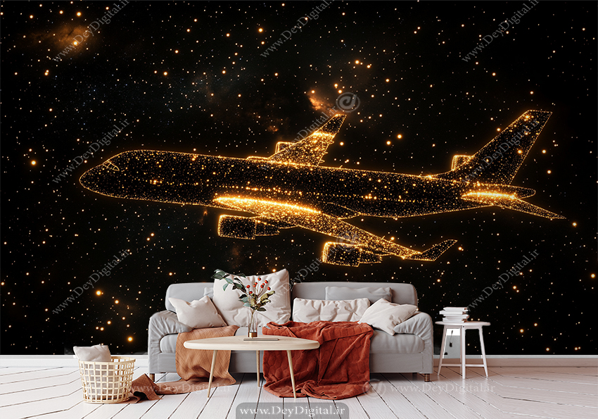 کاغذ دیواری سه بعدی هواپیما در آسمان پر ستاره