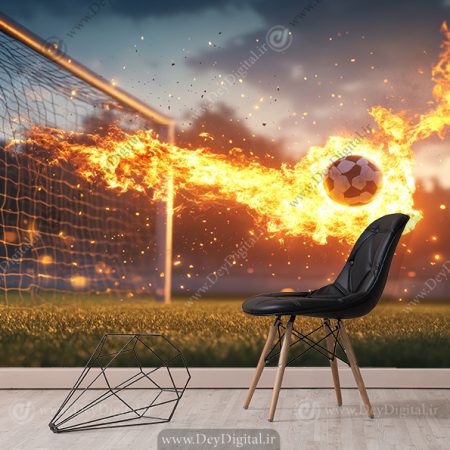 پوستر دیواری سه بعدی طرح توپ آتشین در زمین فوتبال
