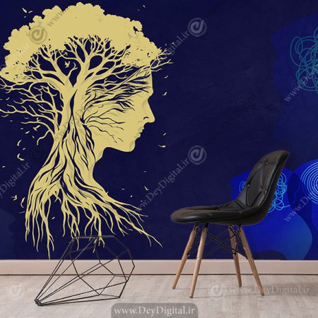 پوستر دیواری روانشناسی طرح درخت و چهره با زمینه سرمه ای