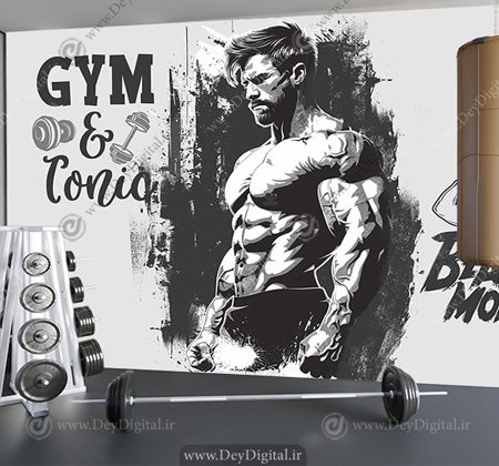 کاغذ دیواری سه بعدی برای باشگاه بدنسازی مردانه طرح سیاه و سفید