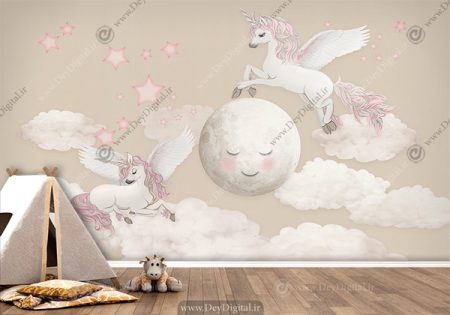 کاغذ دیواری سه بعدی برای اتاق کودک دختر طرح یونیکورن