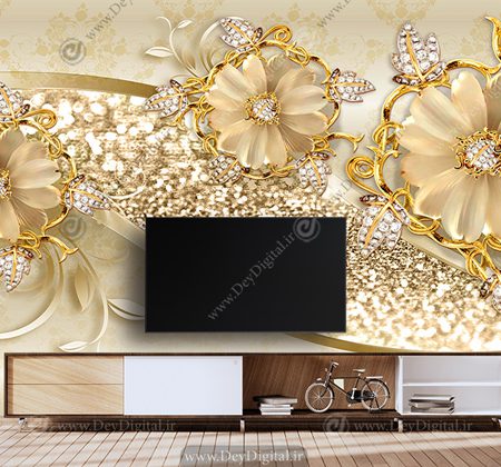 پوستر دیواری سهبعدی پشت تلویزیون طرح گل طلایی