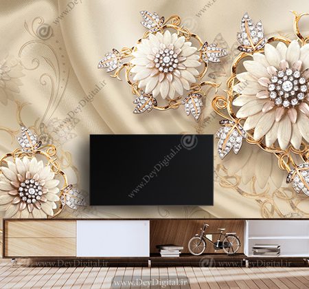 کاغذ دیواری سه بعدی پشت تلویزیون طرح گل طلایی