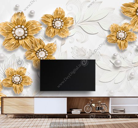 کاغذ دیواری سه بعدی طرح گل طلایی برای پشت تی وی