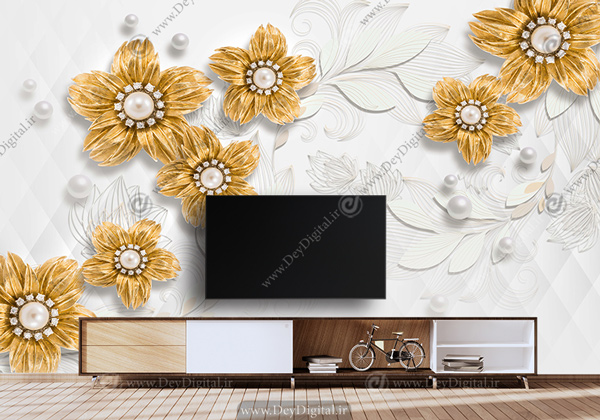 کاغذ دیواری سه بعدی طرح گل طلایی برای پشت تی وی