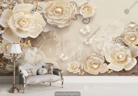 کاغذ دیواری گل سه بعدی رنگ کرم
