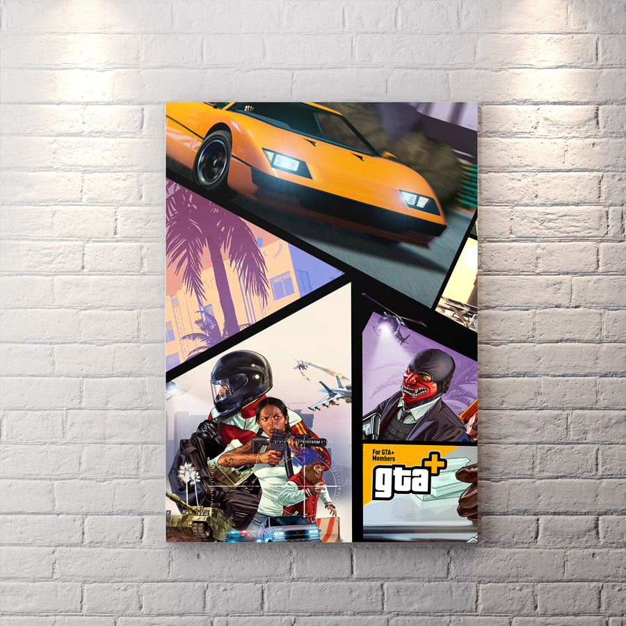 تابلو اتاق گیمینگ طرح GTA 5 و زمینه ماشین زرد