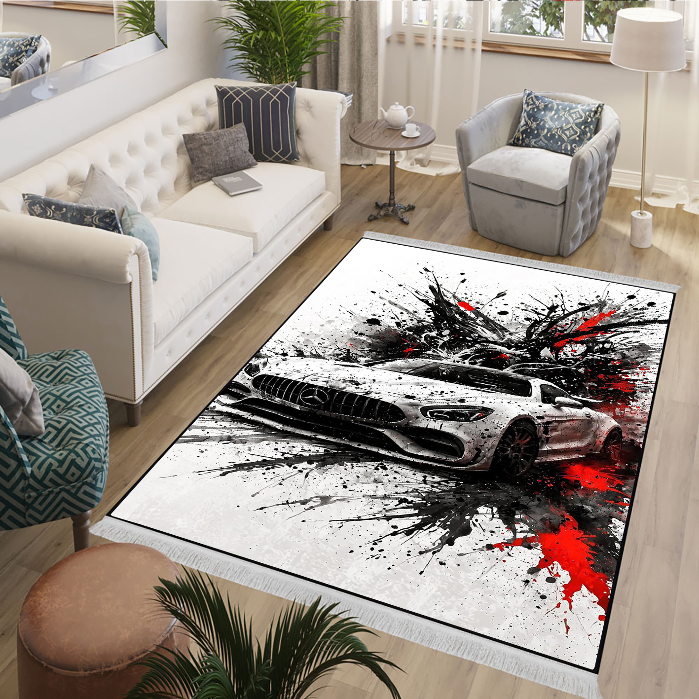 فرشینه طرح فانتزی مرسدس بنز AMG GT سفید