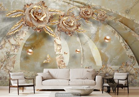پوستر دیواری سه بعدی پذیرایی طرح گلهای طلایی