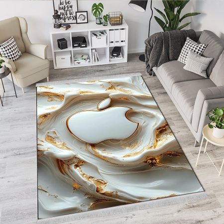 فرش چاپی اتاق خواب طرح سه بعدی لوگوی اپل با زمینه سفید و طلایی