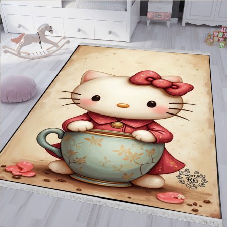 فرشینه کیتی و فنجان قهوه با زمینه کرمی