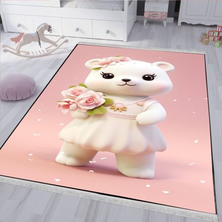 فرش چاپی کودک طرح خرس سفی با زمینه صورتی