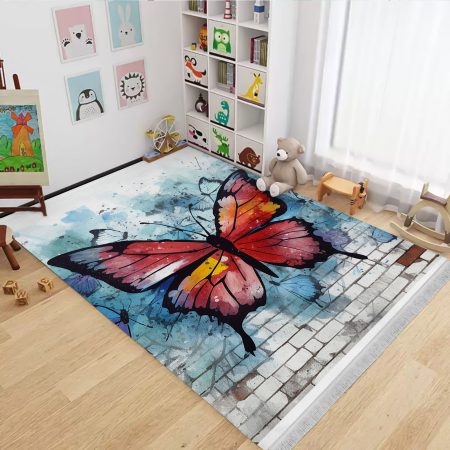 فرشینه چاپی طرح پروانه بزرگ با زمینه آجری