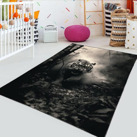 فرش چاپی اتاق نوجوان طرح سیاه و سفید ببر