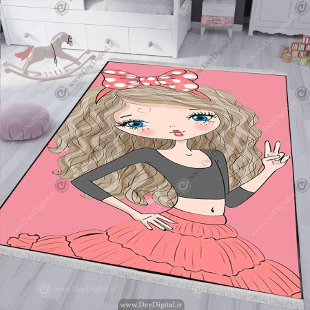 فرشینه طرح دختر بچه با پاپیون صورتی خال دار