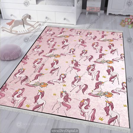 فرشینه چاپی طرح جدید تک شاخ با زمینه صورتی روشن