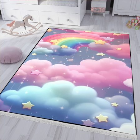 فرش اتاق کودک طرح ابرهای رنگی و رنگین کمان