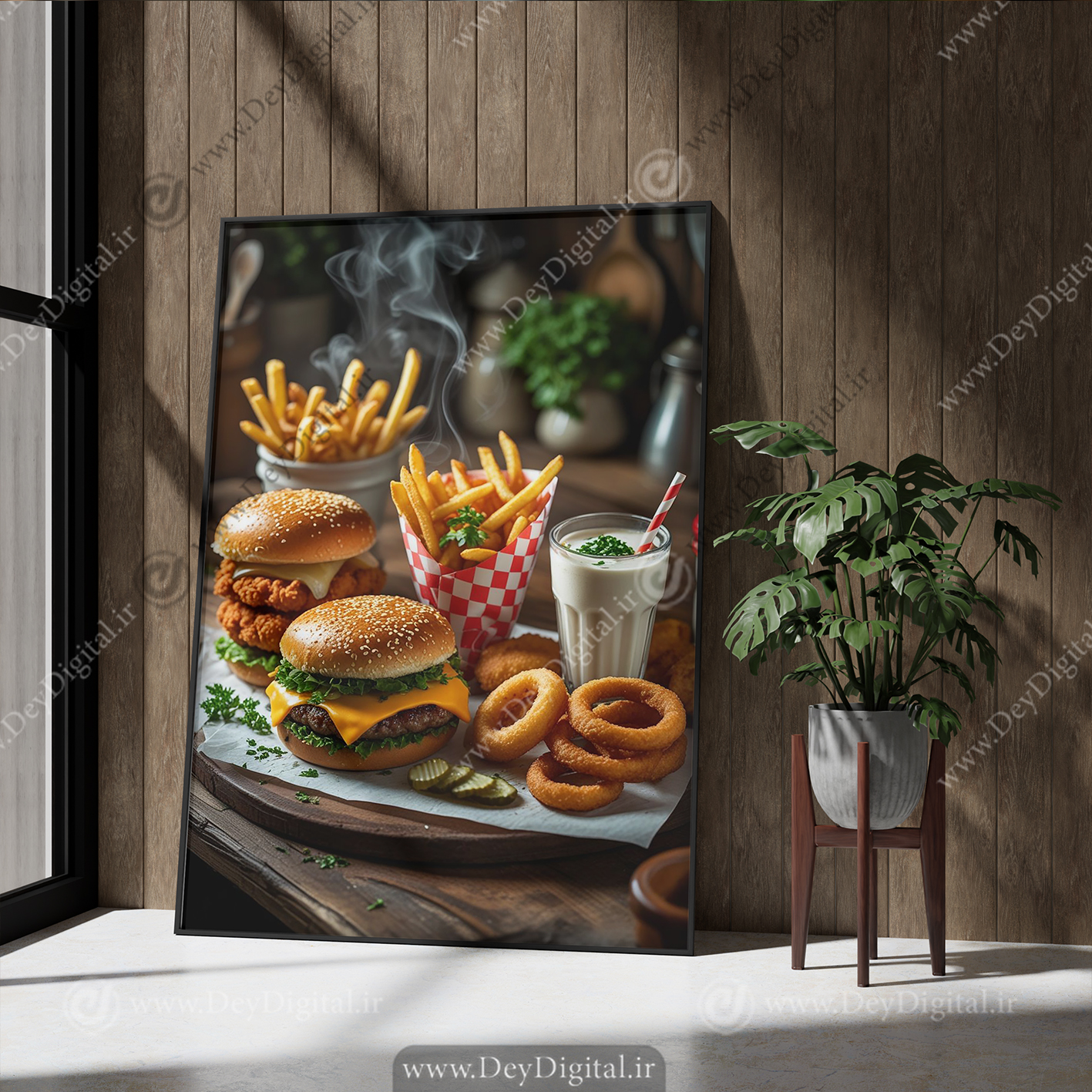 تابلو دکوراتیو فست فود طرح چیزبرگر سیب زمینی و سوخاری