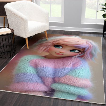 فرشینه اتاق کودک دختر طرح دختر بچه با موهای صورتی