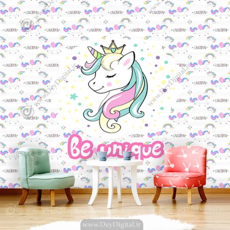 پوستر دیواری اتاق کودک دخترانه طرح تکشاخ با زمینه سفید