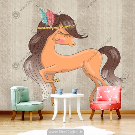 پوستر دیواری اتاق کودک طرح اسب با زمینه بافت دار قهوه ای