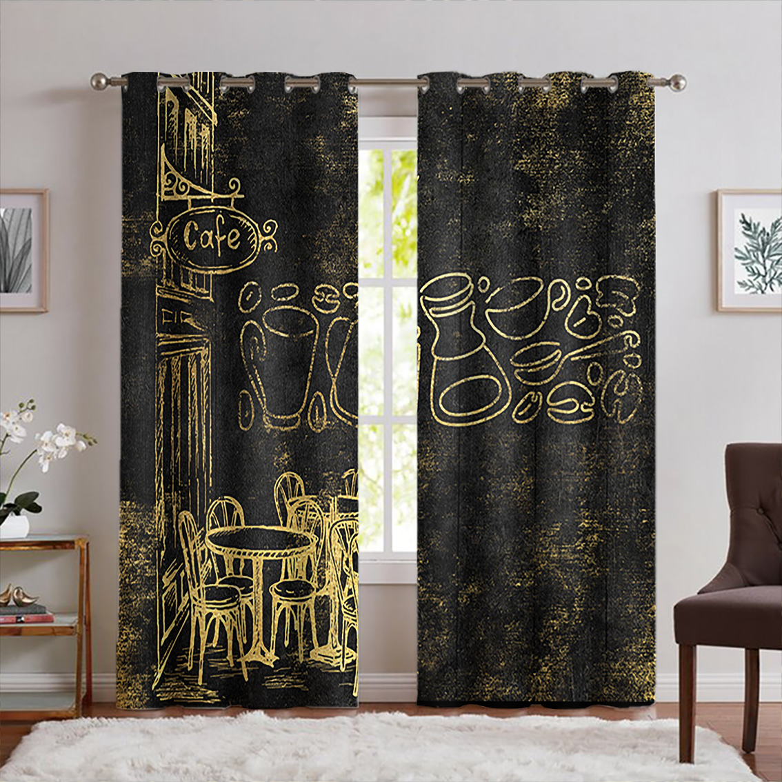 پرده پانچی کافیشاپ طرح پتینه طلایی لاکچری