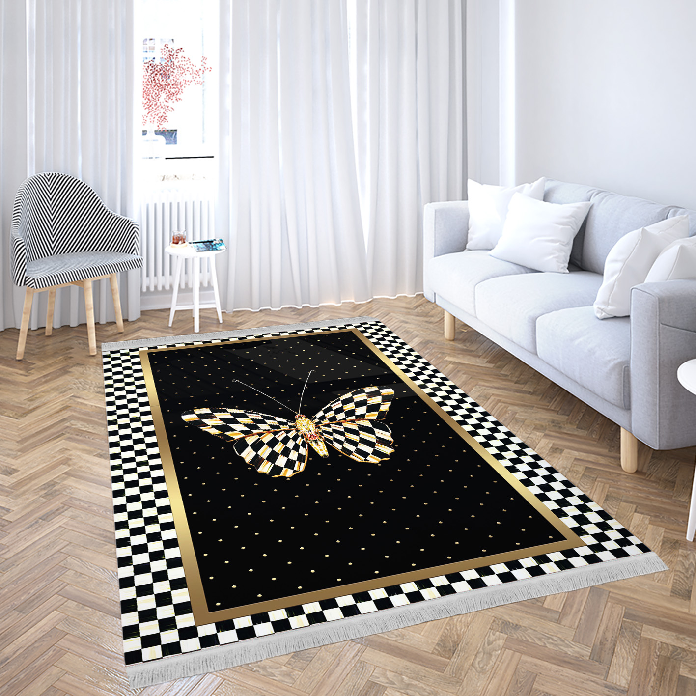 فرش چاپی اسپرت طرح پروانه با حاشیه شطرنجی