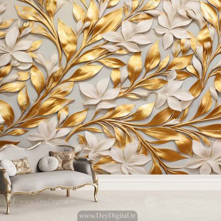 پوستر دیواری سه بعدی طرح برگهای طلایی و سفید با زمینه روشن