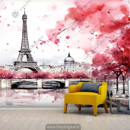 پوستر دیواری طرح جدید برج ایفل با برگهای قرمز و زمینه روشن