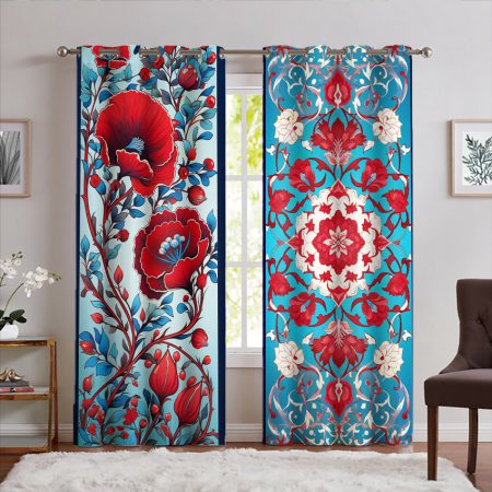 پرده چاپی طرح گل سنتی با نقوش هندسی رنگ قرمز آبی