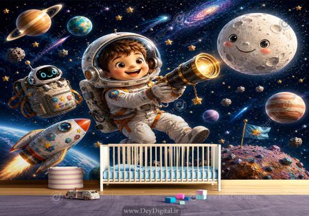 کاغذ دیواری سه بعدی فضانورد و سیاره ها