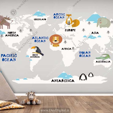 کاغذ دیواری سه بعدی نقشه جان با زمینه طوسی برای اتاق کودک