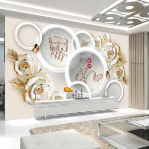 کاغذ دیواری سه بعدی گل طلایی با زمینه گرد
