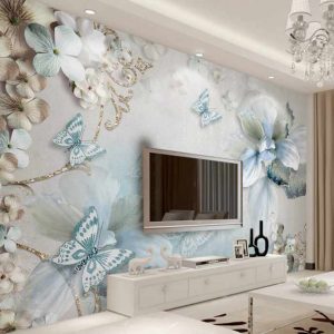 پوستر دیواری پروانه ها و گل های ابرنگی