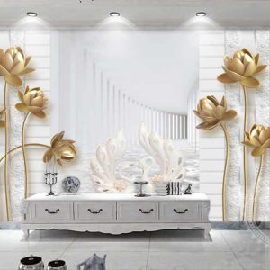 پوستر دیواری تونل سه بعدی گل های طلایی